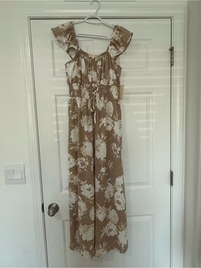 Nwt Womens Floral Smocked Wide-Leg Jumpsuit - Beige/White